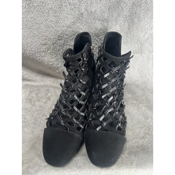 Cecelia New York Women’s 8 Boots Bootie Black Suede Block Heel Leather Ribbons - Picture 2 of 11